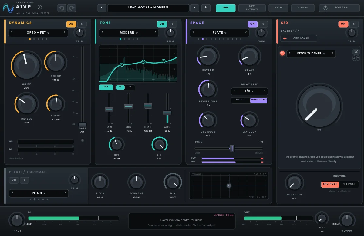 The A1VP plugin window showing Dynamics, Tone, Space, SFX and Pitch / Formant modules