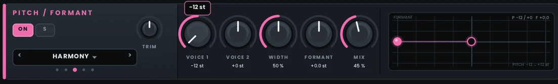 Close-up of the A1VP Pitch / Formant module in Harmony mode with the pitch and formant pad